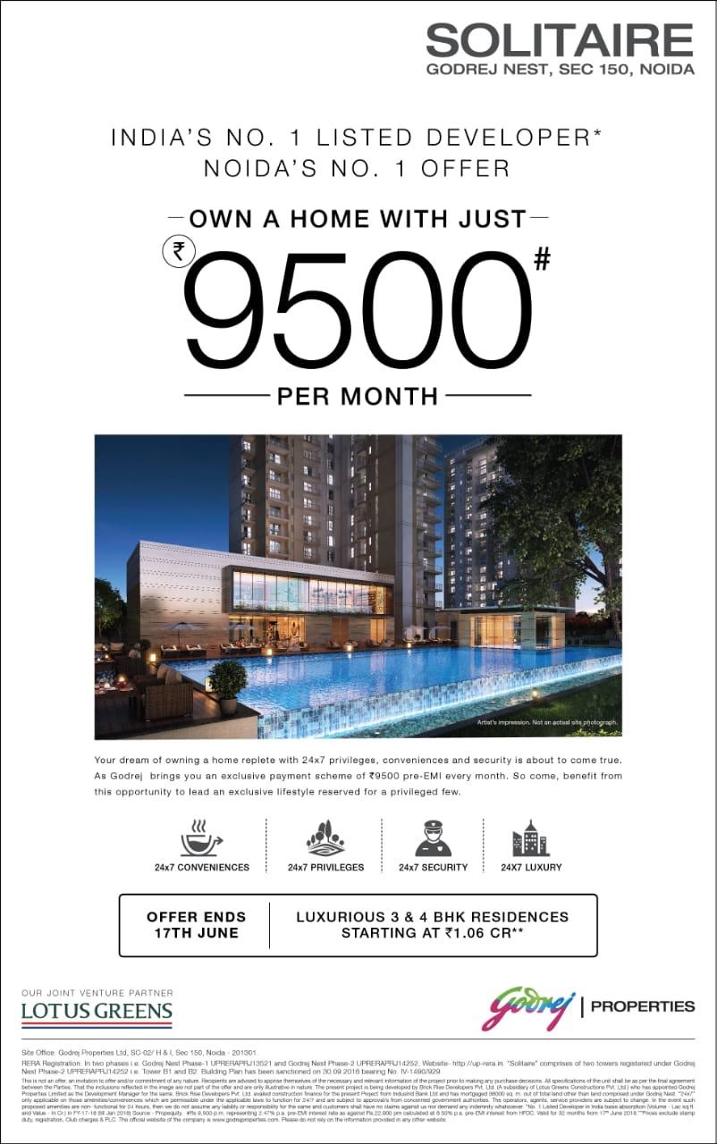 Own a home with just Rs. 9500 per month at Solitaire in Godrej Nest, Noida